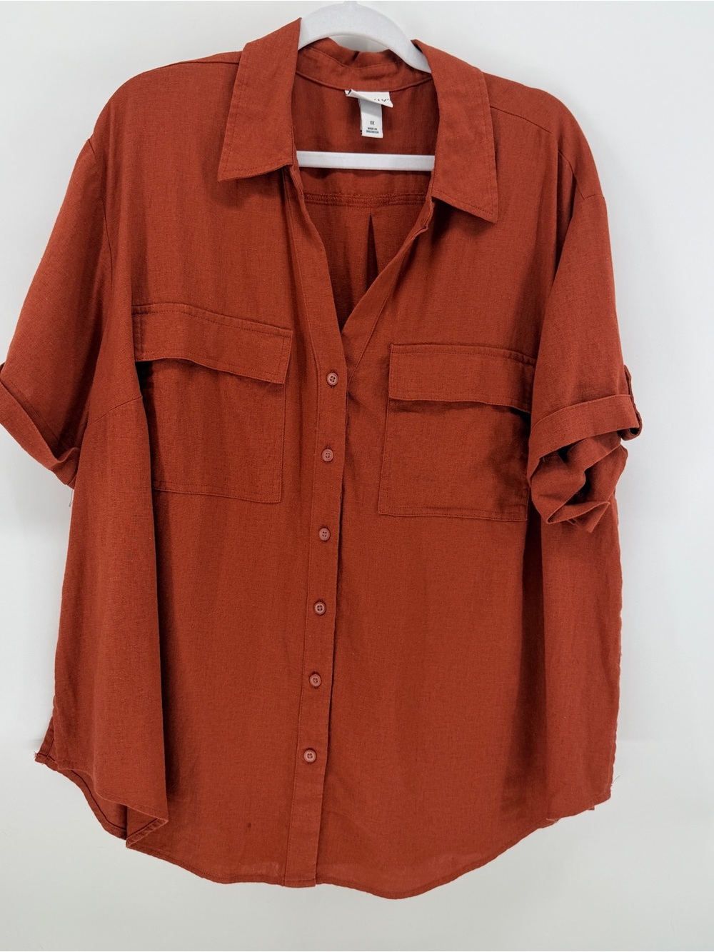 Ava & Viv Rust Orange Linen Blend Utility Button Down Shirt 1X